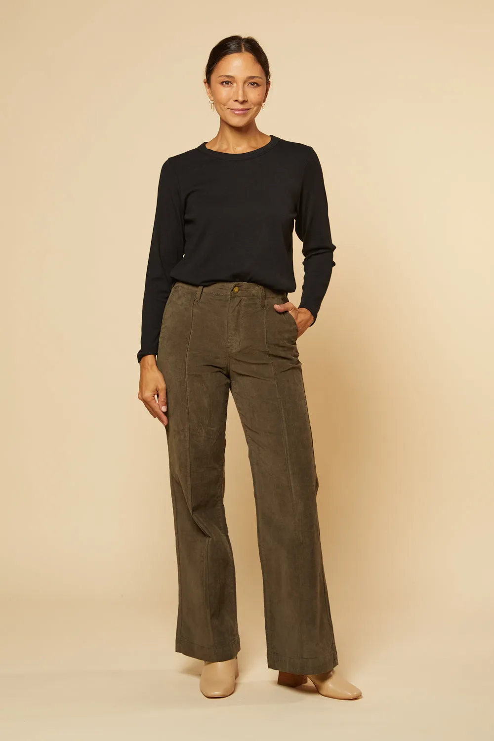 Adrift Wide Leg Brushed Cotton Pant in Olive