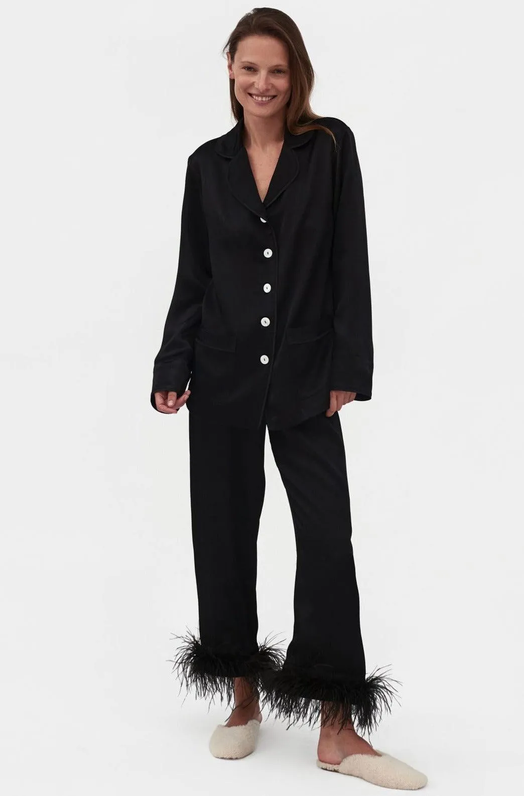 Black feather-trimmed Party Pajama Set