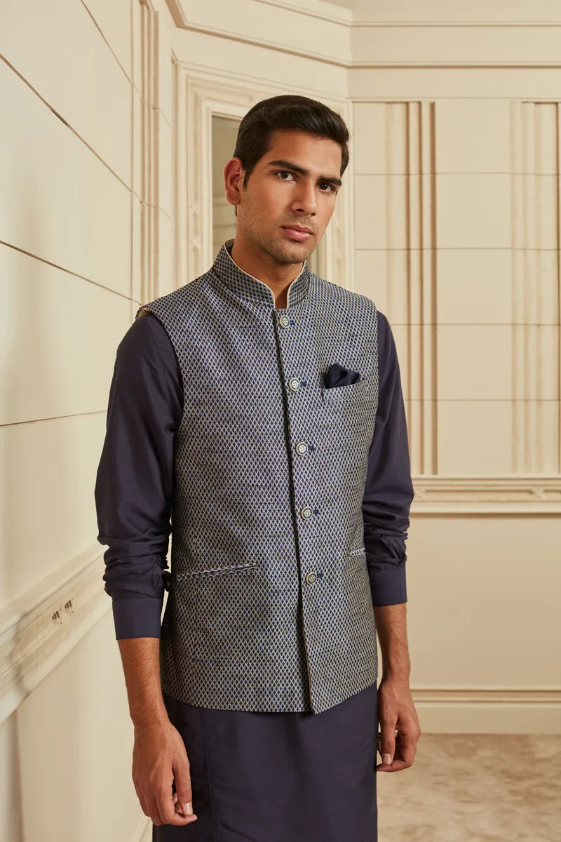 Blue Brocade Kurta Bundi Set