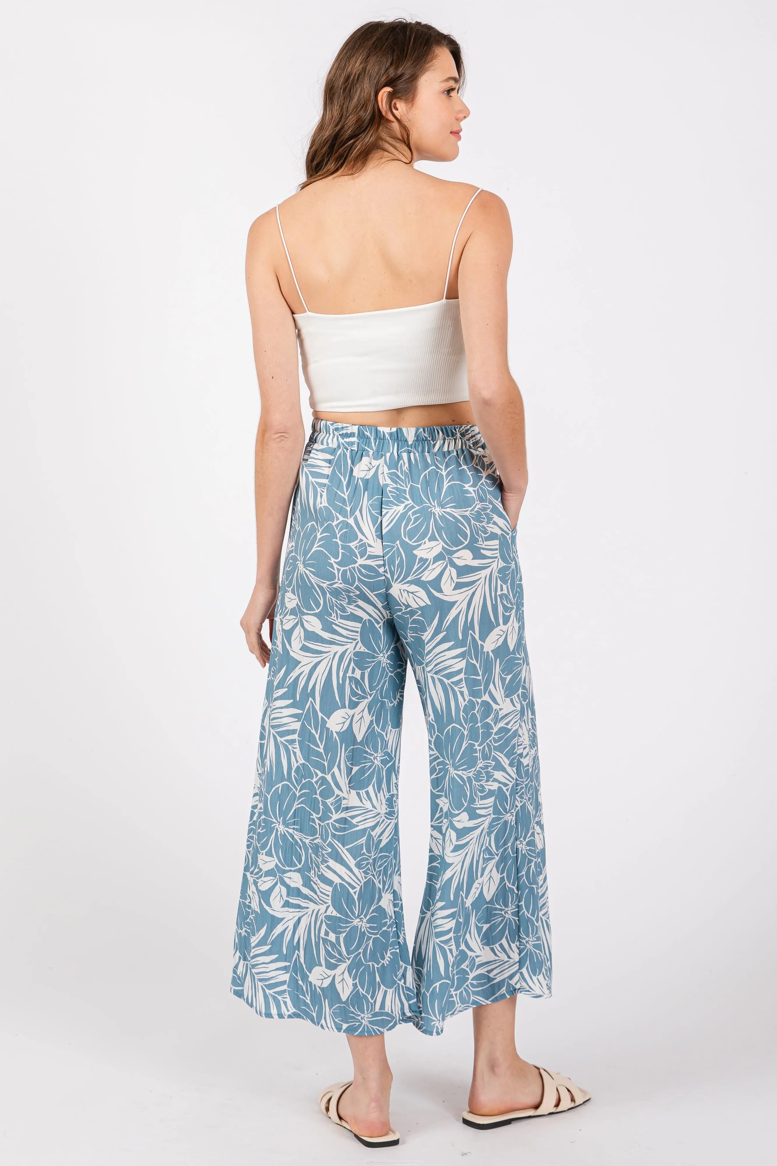 Blue Tropical Wide Leg Pants