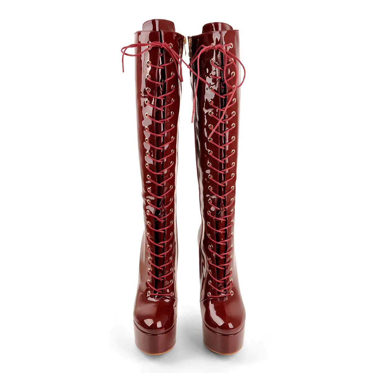 Burgundy Platform Lace-Up Knee High Boot