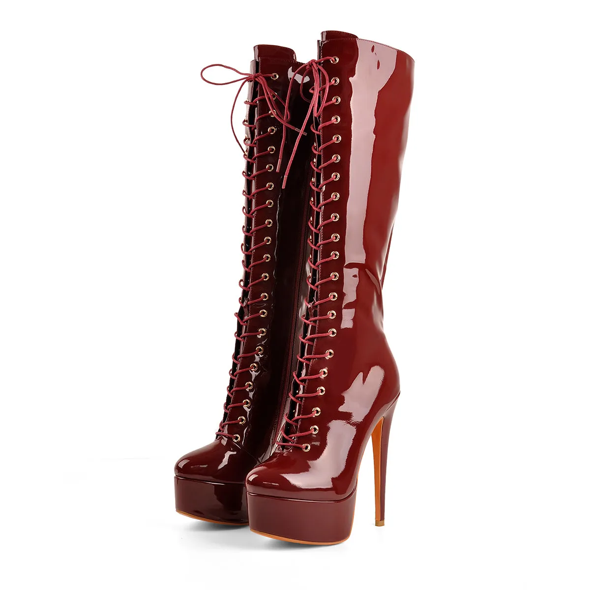 Burgundy Platform Lace-Up Knee High Boot