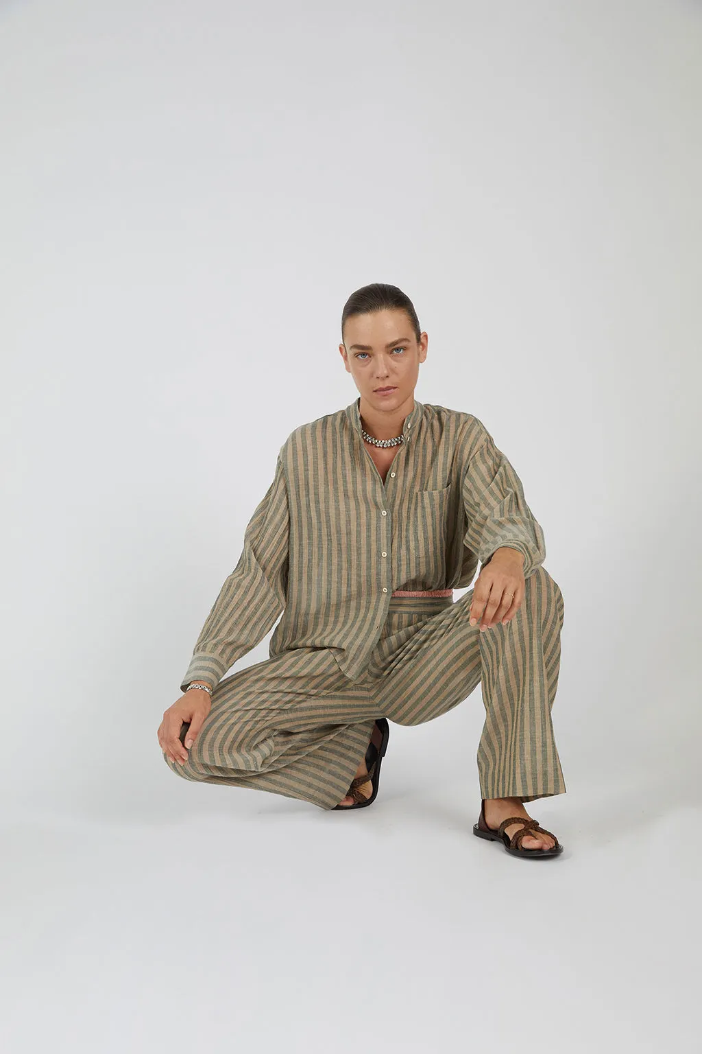 CIDADELA STRIPED COTTON AND LINEN PANTS IN DUNE