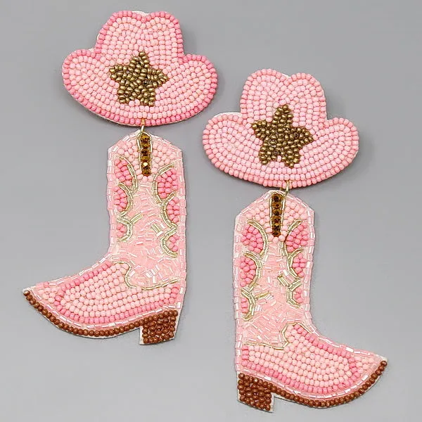 Cowboy Hat And Boots Seed Beaded Earrings