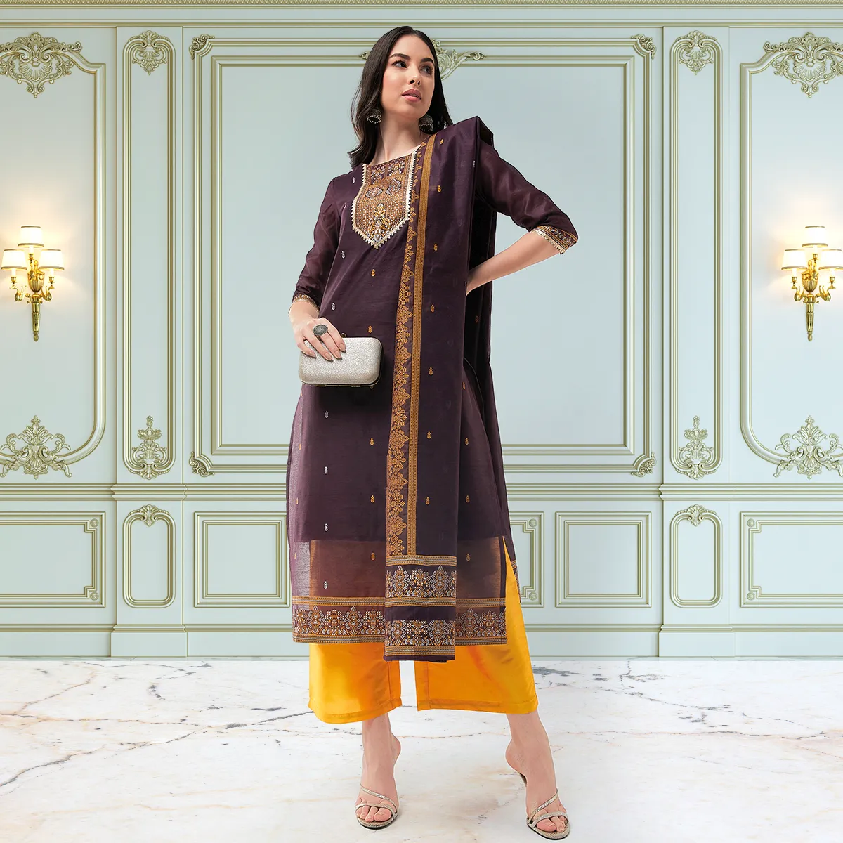 Festive Jacquard Neck Patch Kurta With Dupatta And Matching Pants