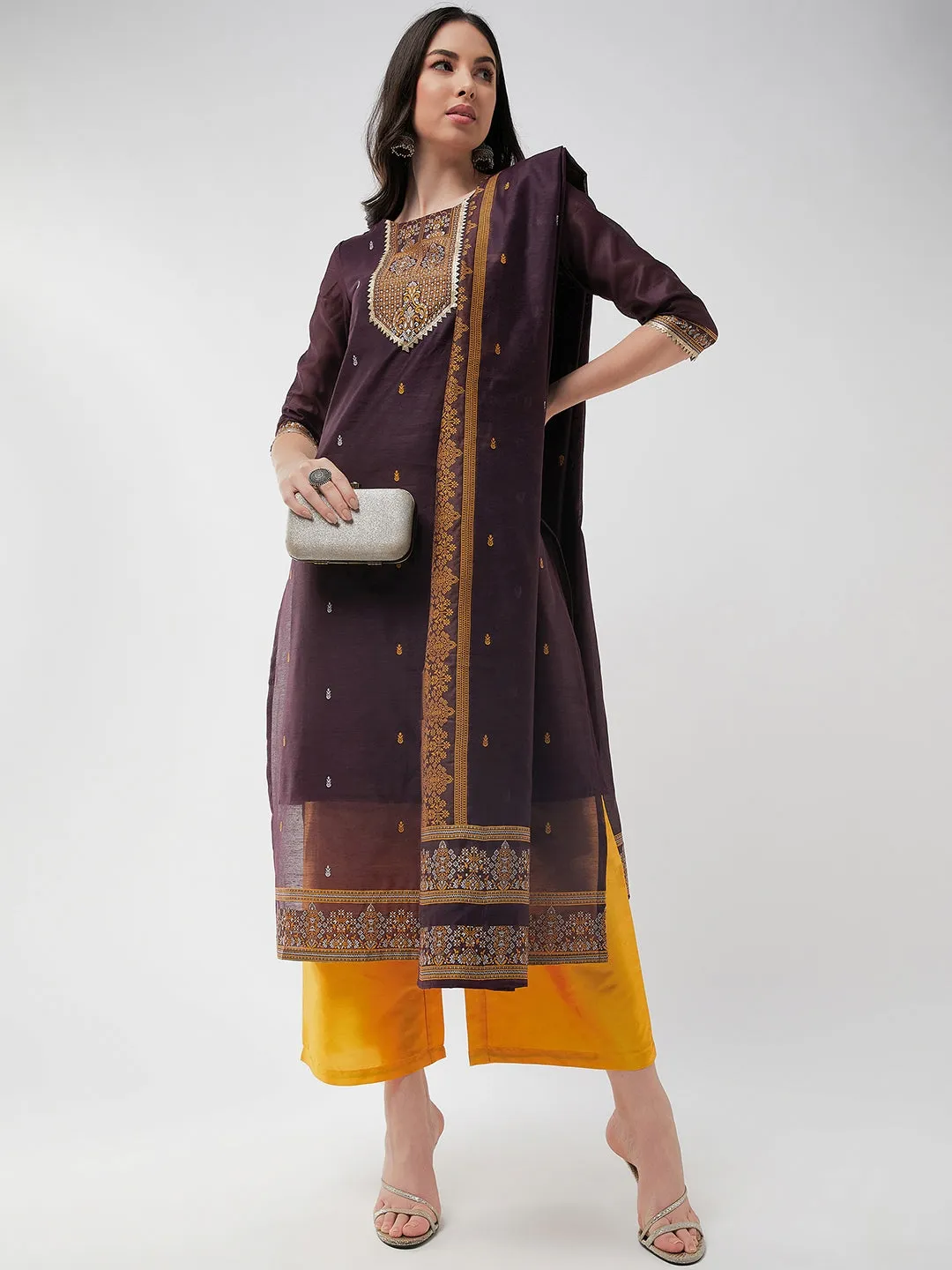 Festive Jacquard Neck Patch Kurta With Dupatta And Matching Pants