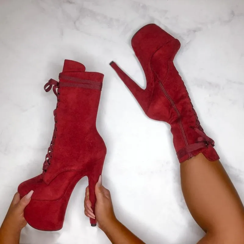 Hella Heels High BabyDoll 7inch Boots - Dark Red