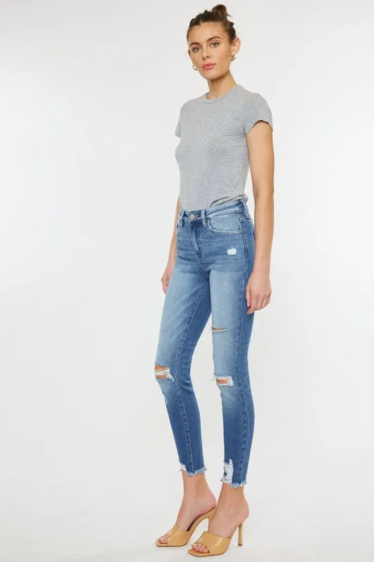 HIGH RISE FRAY HEM ANKLE SKINNYJEANS