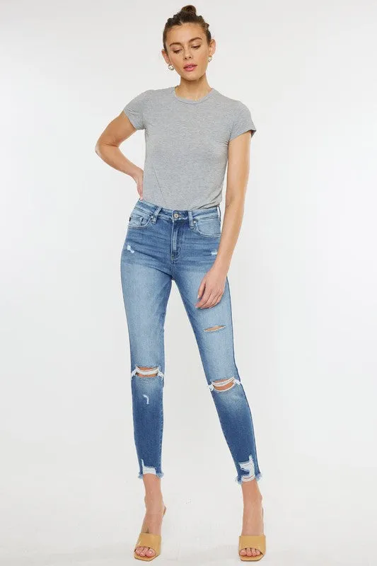 HIGH RISE FRAY HEM ANKLE SKINNYJEANS