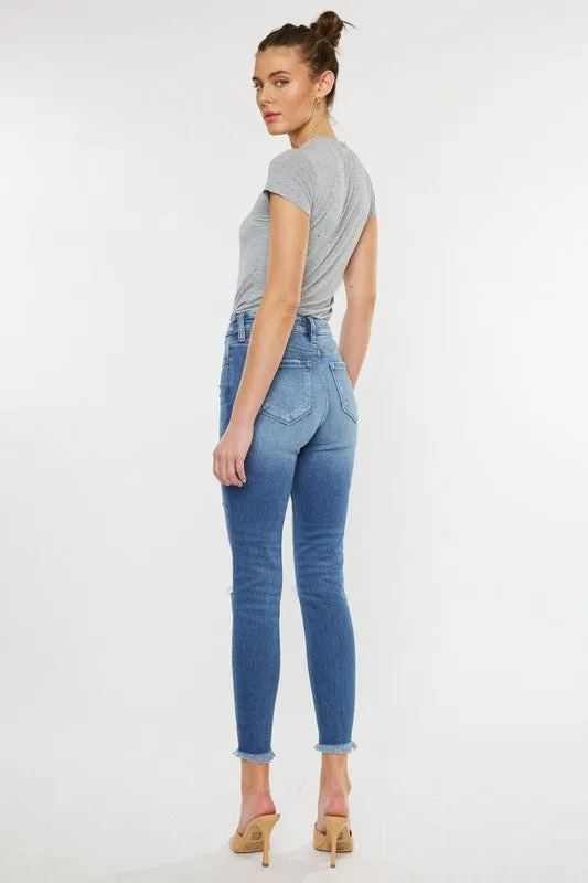 HIGH RISE FRAY HEM ANKLE SKINNYJEANS