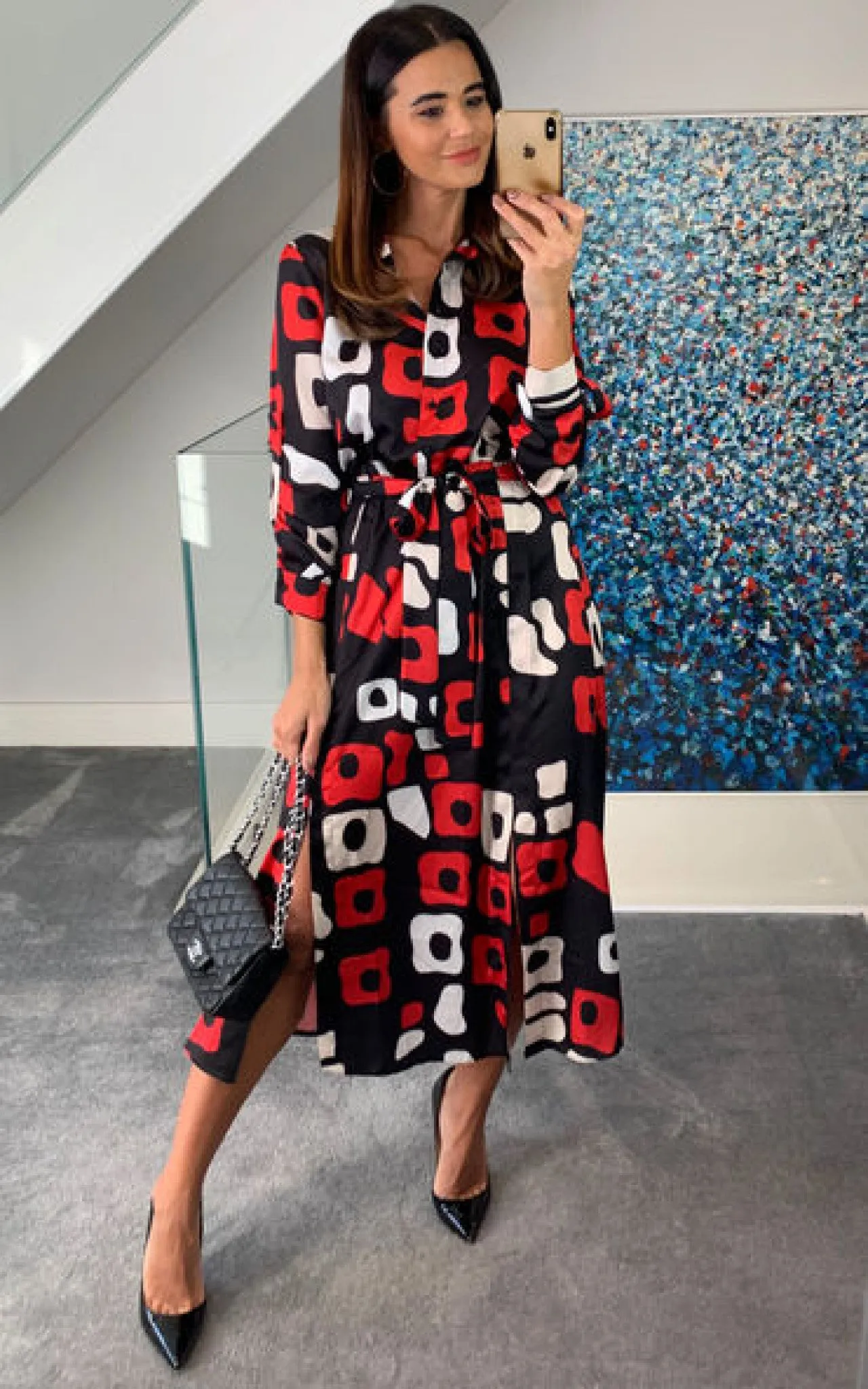 Love And Joy London Midi Shirt Dress In Red And Black Print