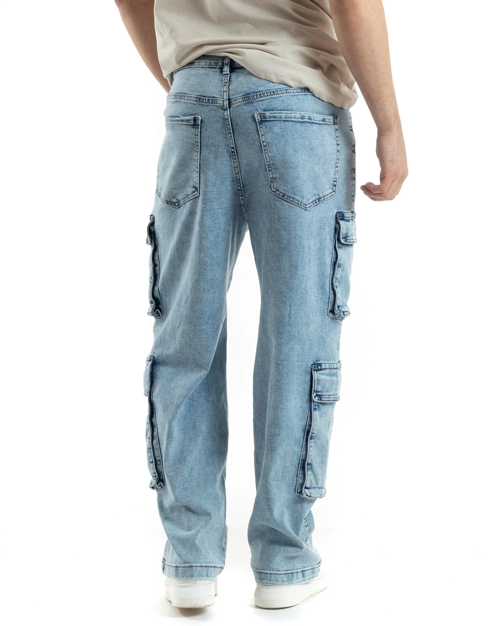 Pantaloni Uomo Cargo Tasconi Jeans Baggy Denim Fondo Largo Ampio Multitasche Pocket GIOSAL-JS1017A