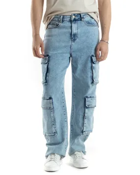 Pantaloni Uomo Cargo Tasconi Jeans Baggy Denim Fondo Largo Ampio Multitasche Pocket GIOSAL-JS1017A