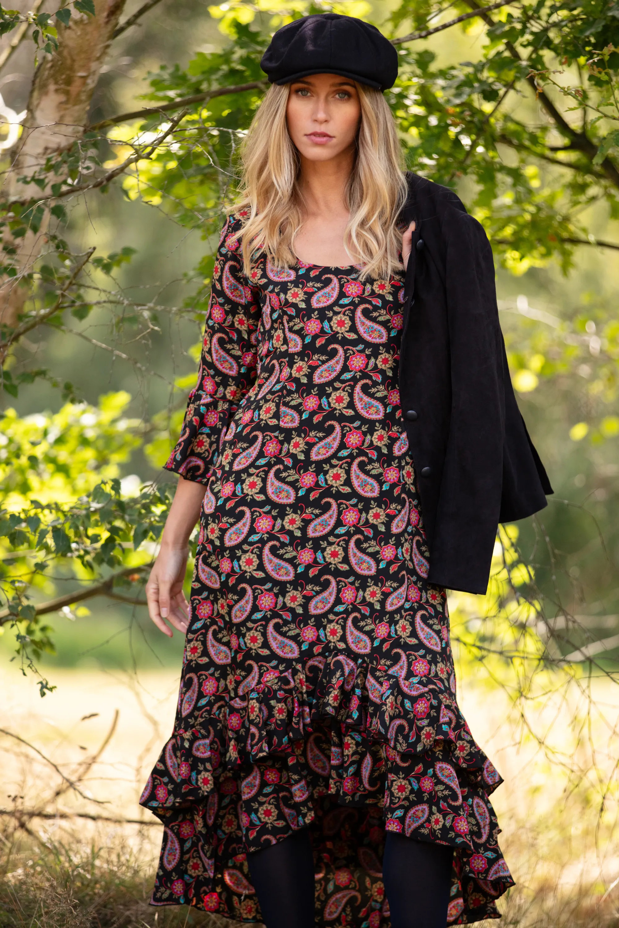 Victoria Midi Dress in Black Paisley