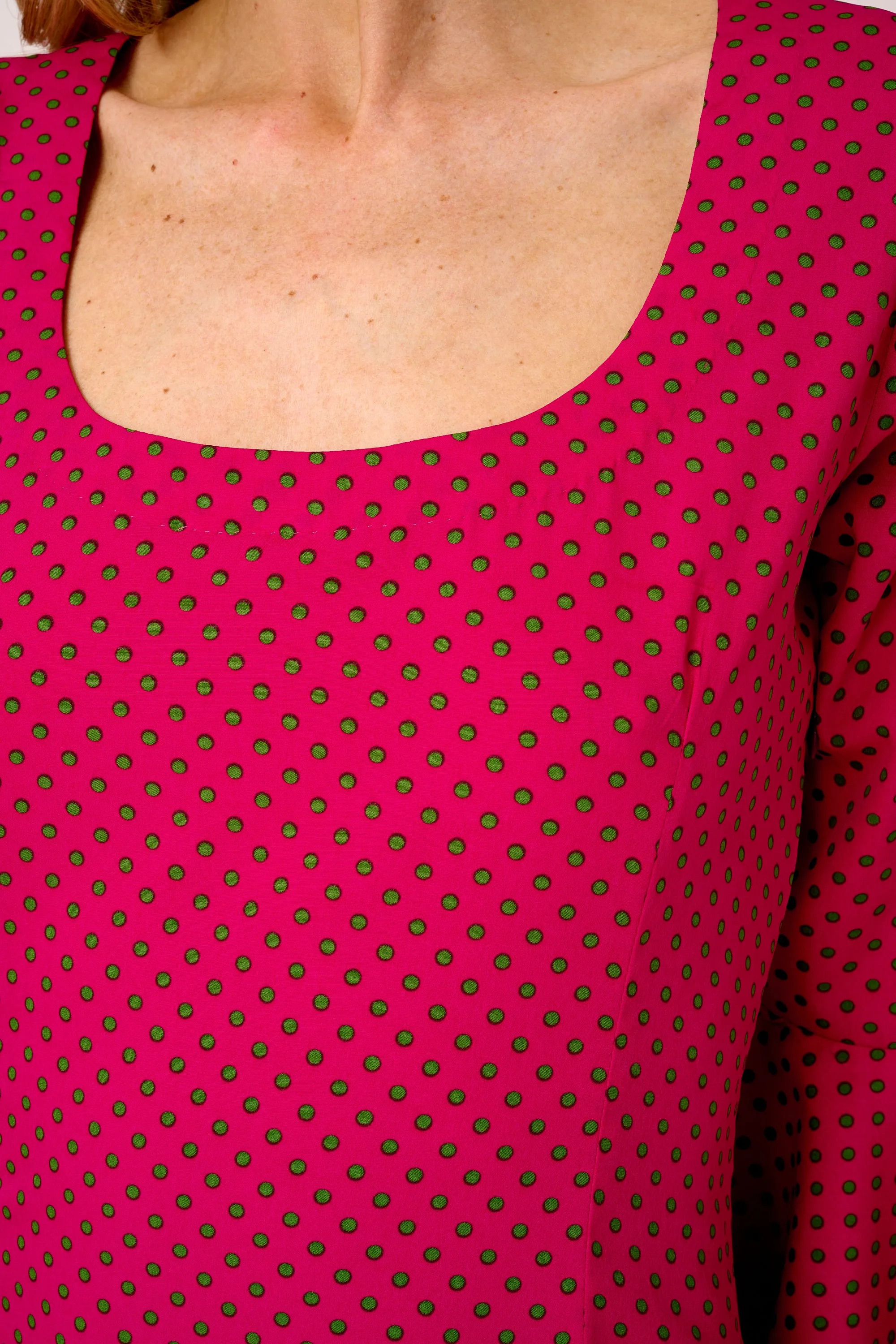 Victoria Midi Dress in Hot Pink with Green Spot