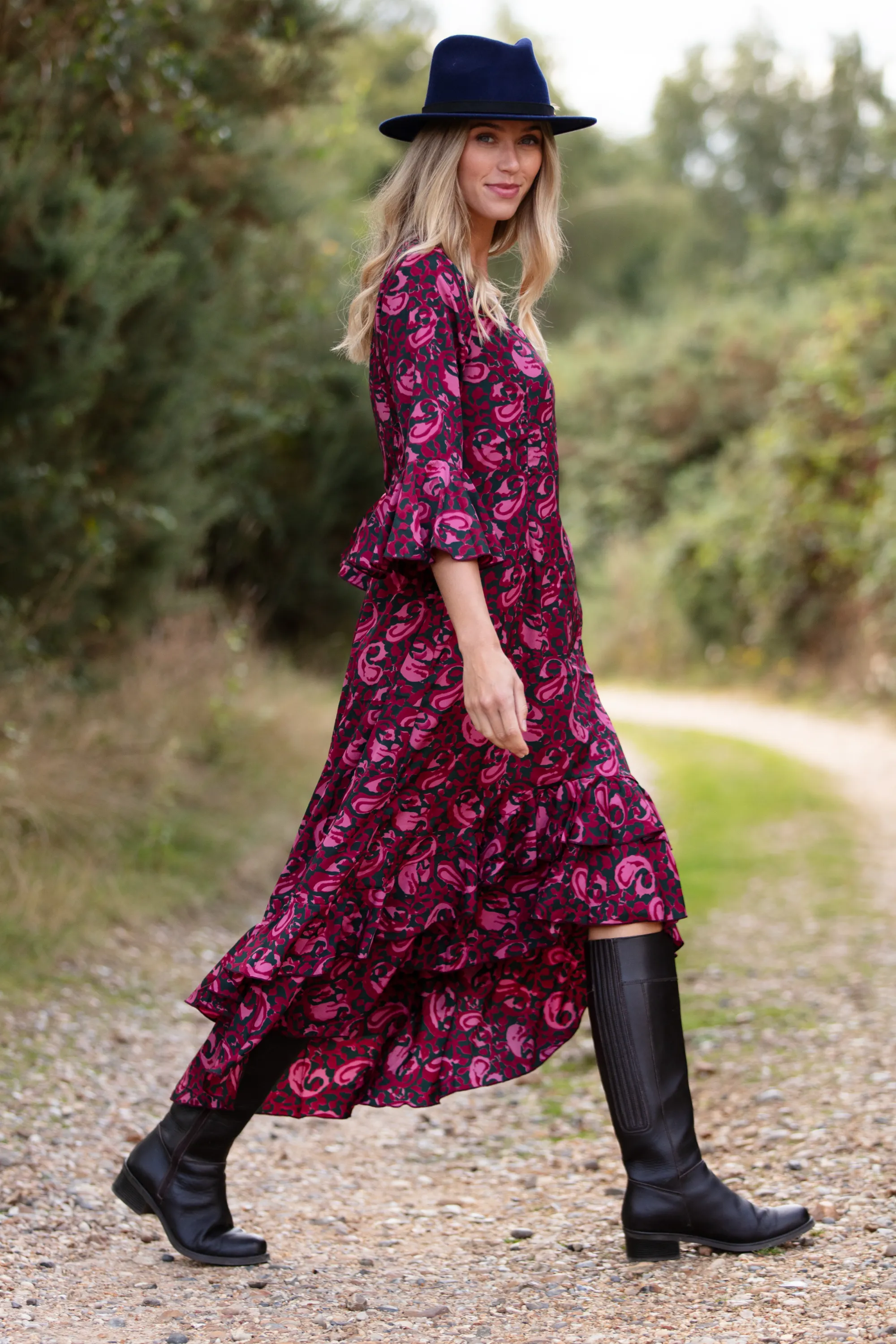 Victoria Midi Dress in Magenta & Navy Swirl