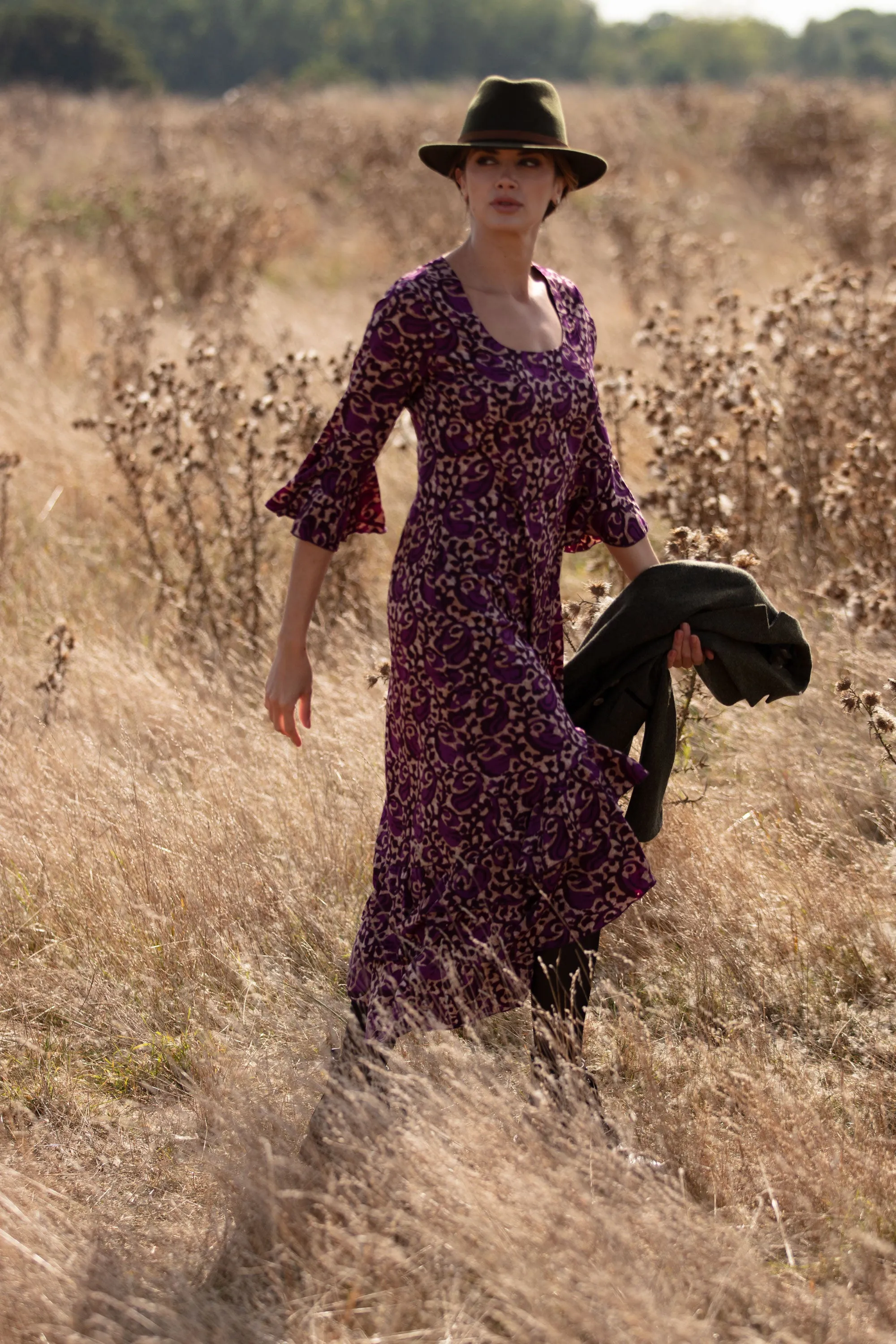 Victoria Midi Dress in Midnight Purple Swirl