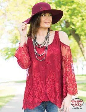 Women's Cowgirl Tuff Red Lace Cold Shoulder Shirt