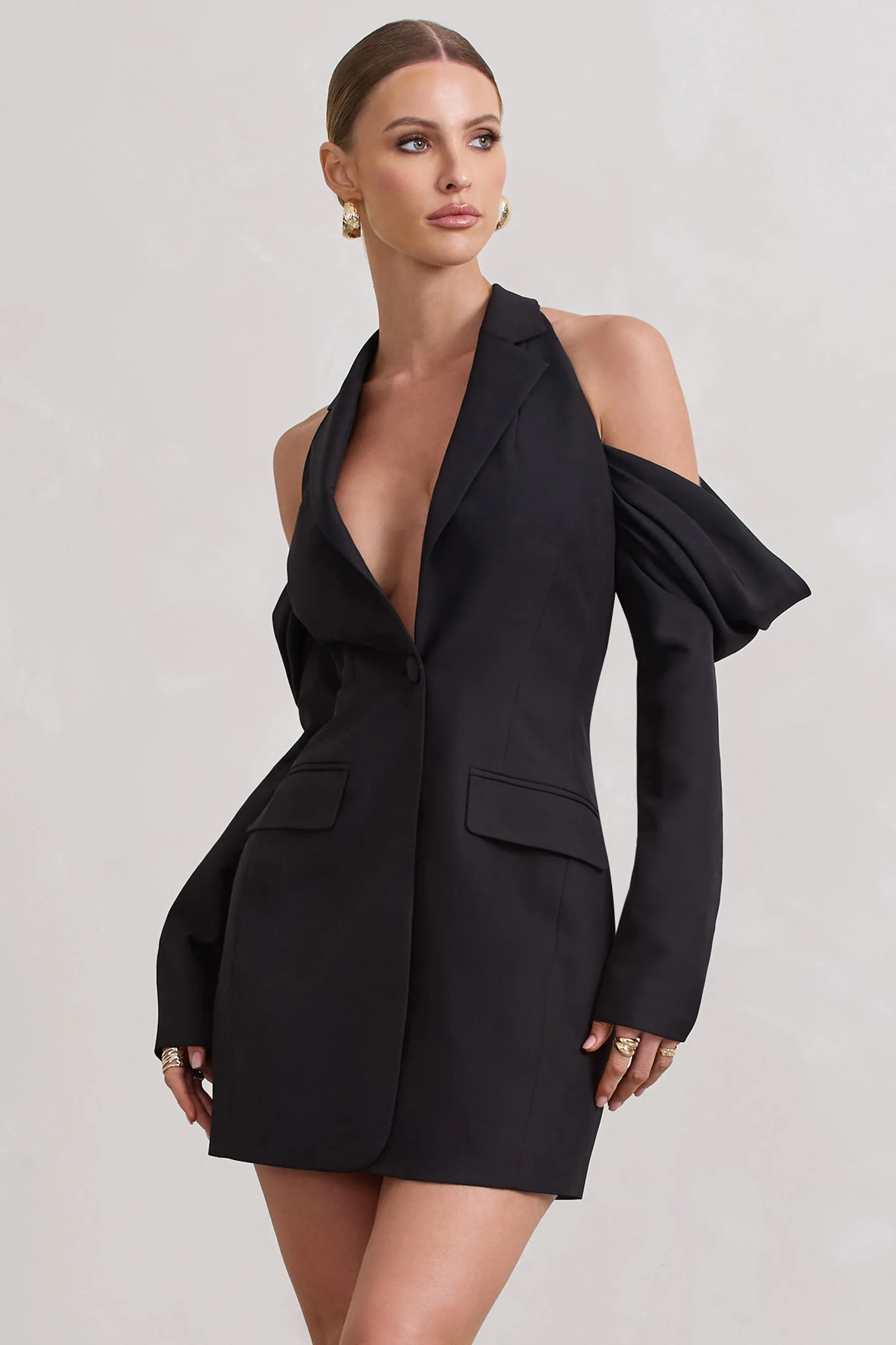 Your Night | Black Plunge Draped Blazer Dress