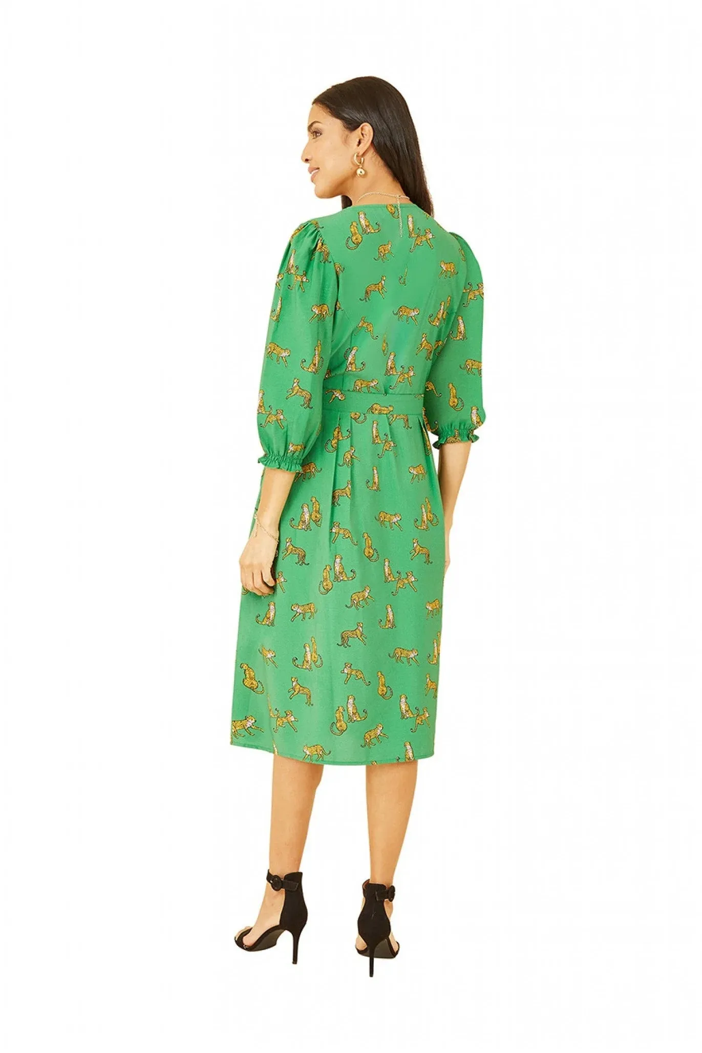 Yumi Green Cheetah Print Midi Shirt Dress